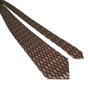 Van Heusen Mens Necktie Wavy Oval Pattern Brown Gold Black All Silk 57 Inch Long